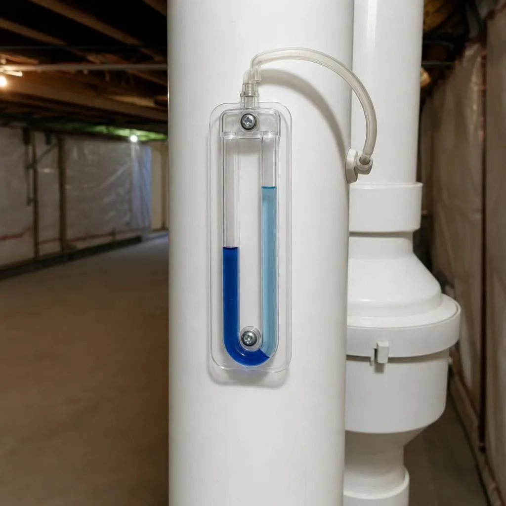 U-tube manometer mounted on a radon mitigation pipe