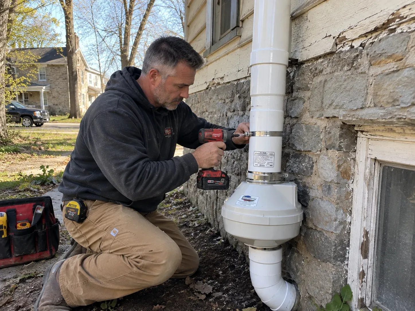 Dan Jenkins installing an exterior radon mitigation fan on a stone foundation