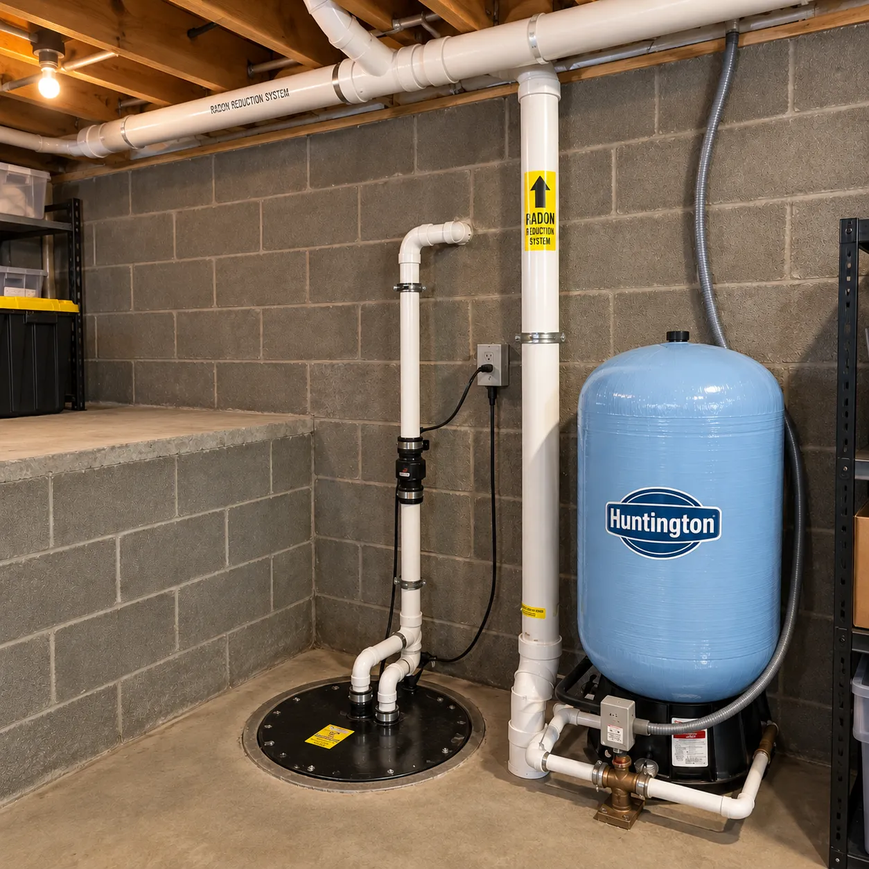 Interior radon mitigation system with sump cover, vent piping, and fan connections
