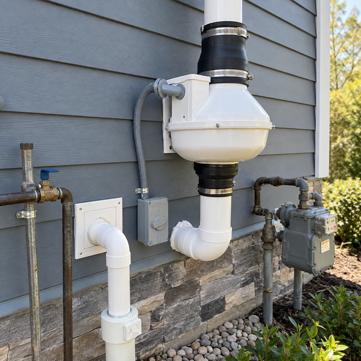 Exterior radon mitigation fan, vent piping, and electrical disconnect installed on a Pennsylvania home