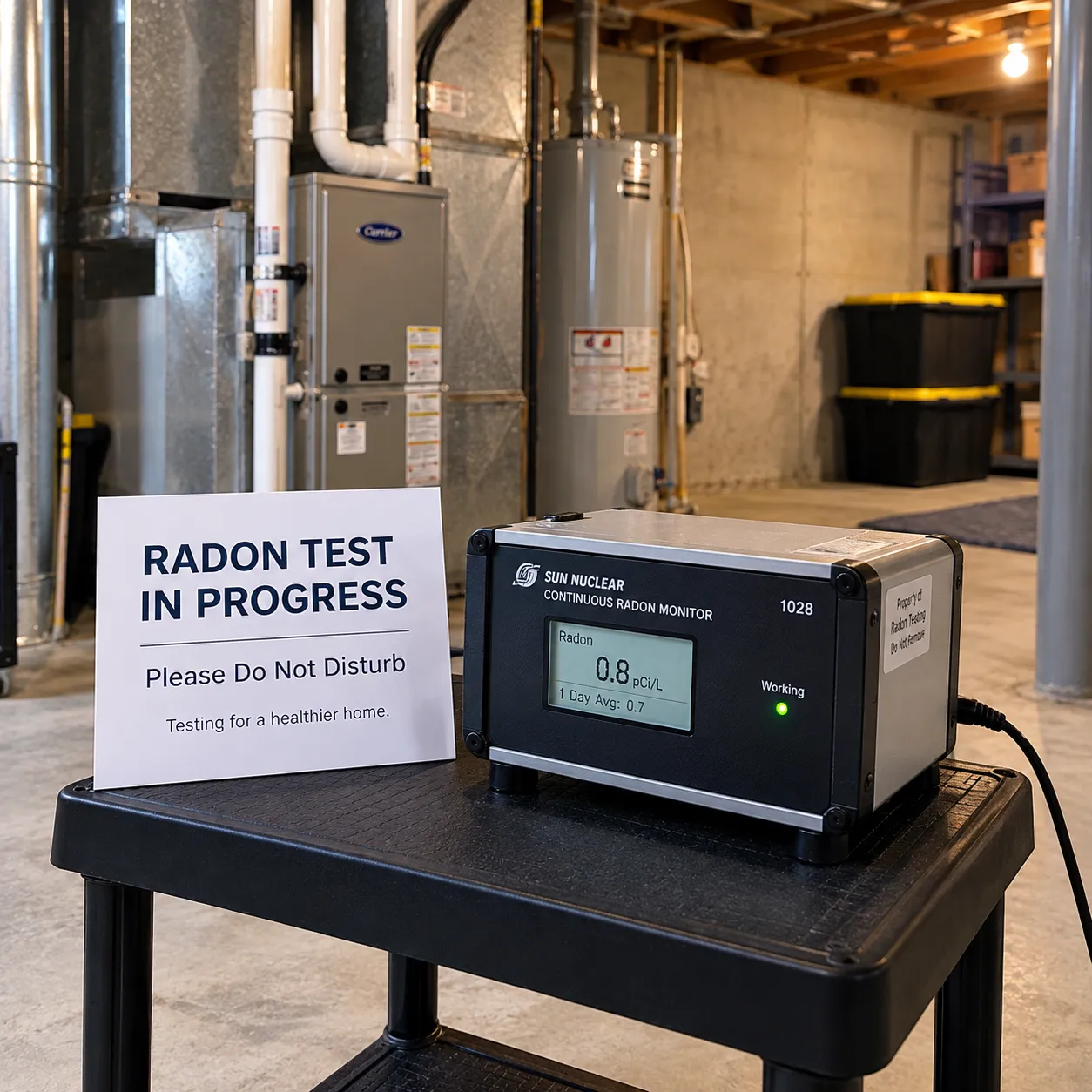 Continuous radon monitor running a radon test in a York County basement
