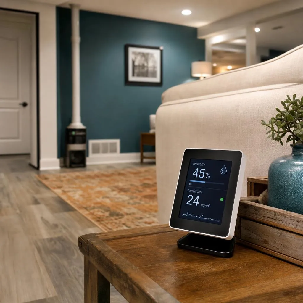 Indoor air quality monitor on a basement wall