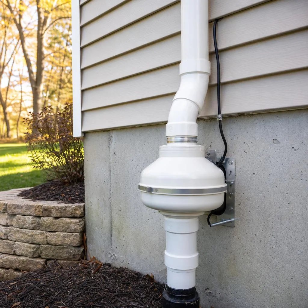 Radon mitigation fan mounted on exterior pipe