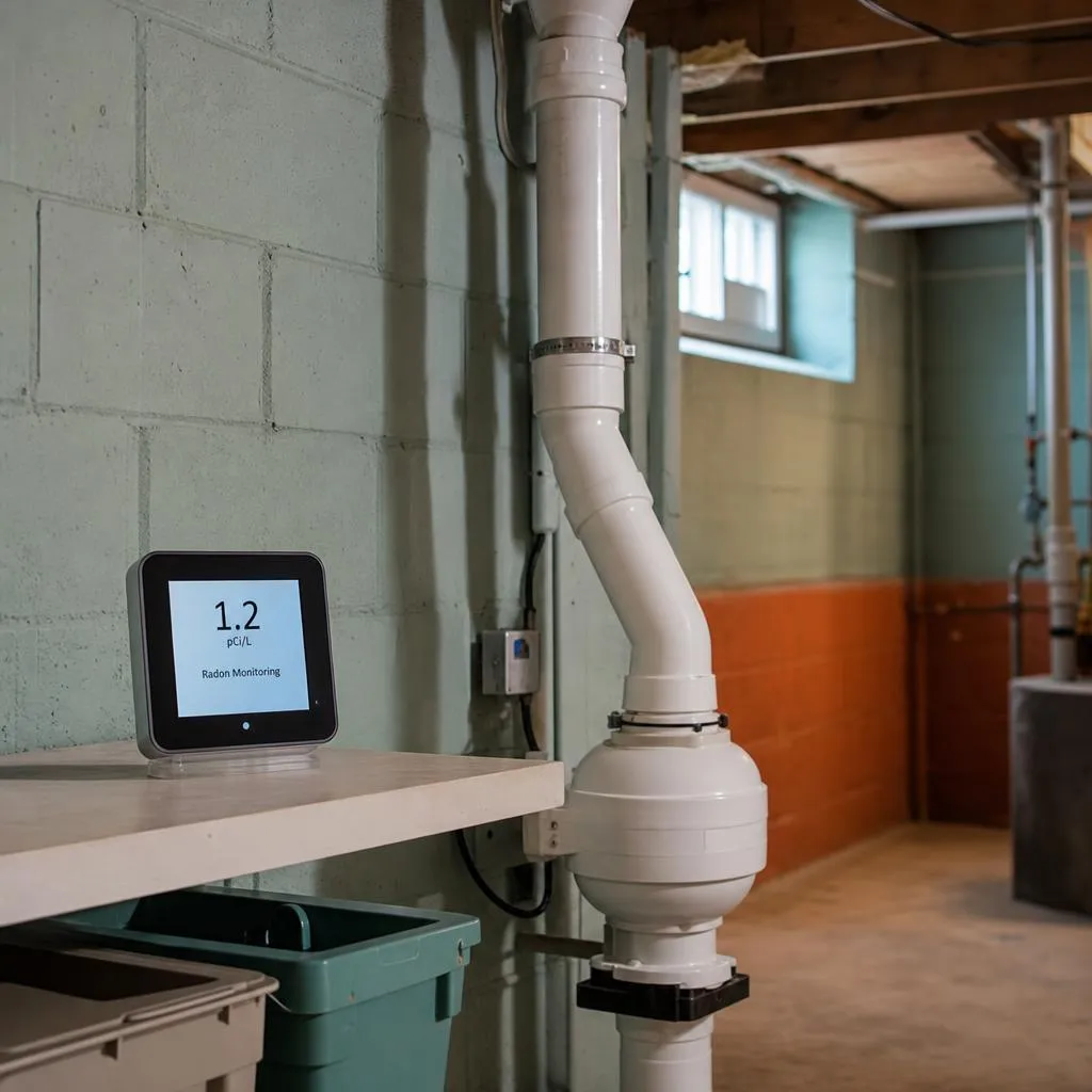 Digital radon monitor on a basement shelf