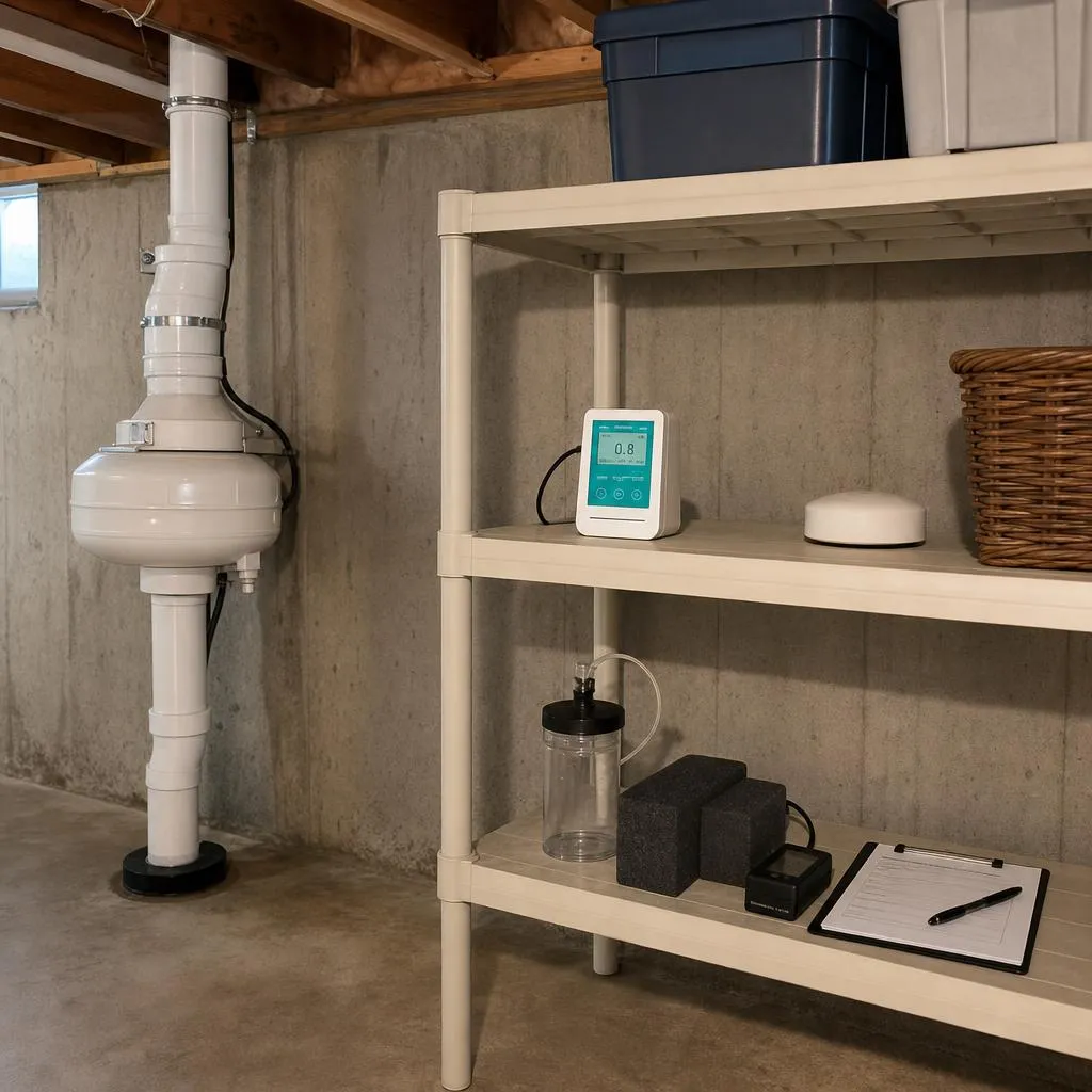 Radon test kit set up in a basement