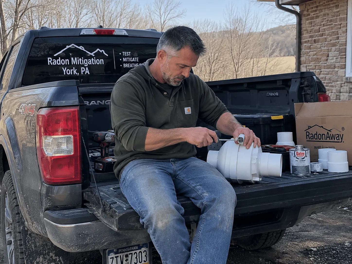 Dan Jenkins preparing a radon mitigation fan beside his work truck