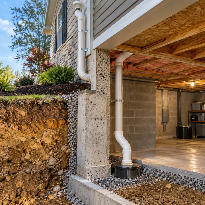 Cutaway of a concrete foundation showing radon suction piping beneath the slab and an exterior vent